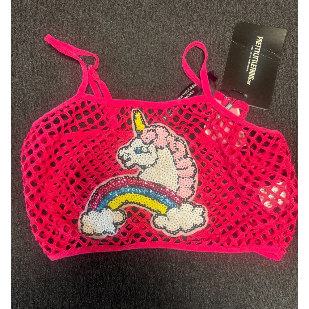 PRETTY LITTLE THING Pink Fishnet Unicorn Applique' Size Small NWT!